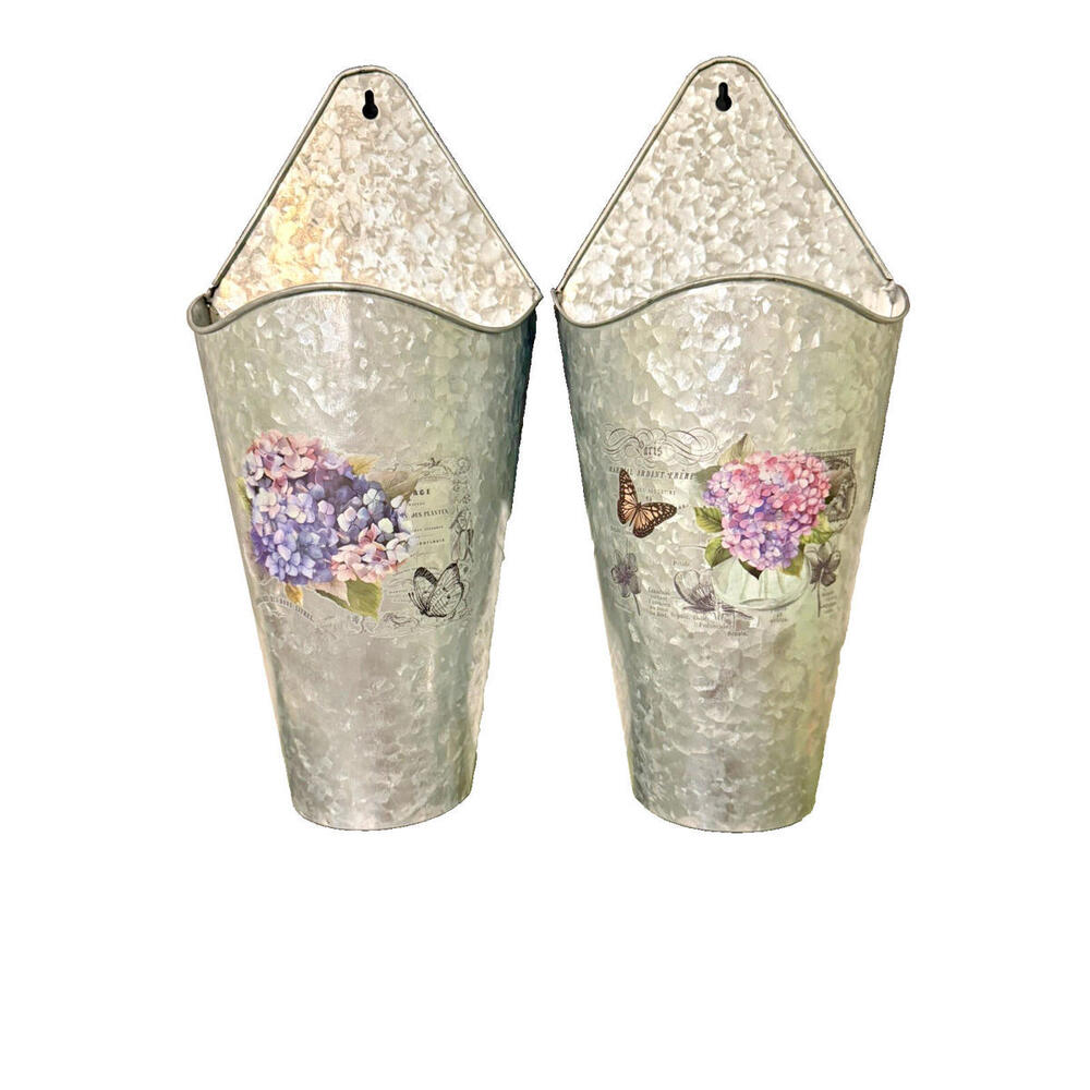 Pair of 2 Galvanized Metal Floral Wall Pocket planter, shabby chic